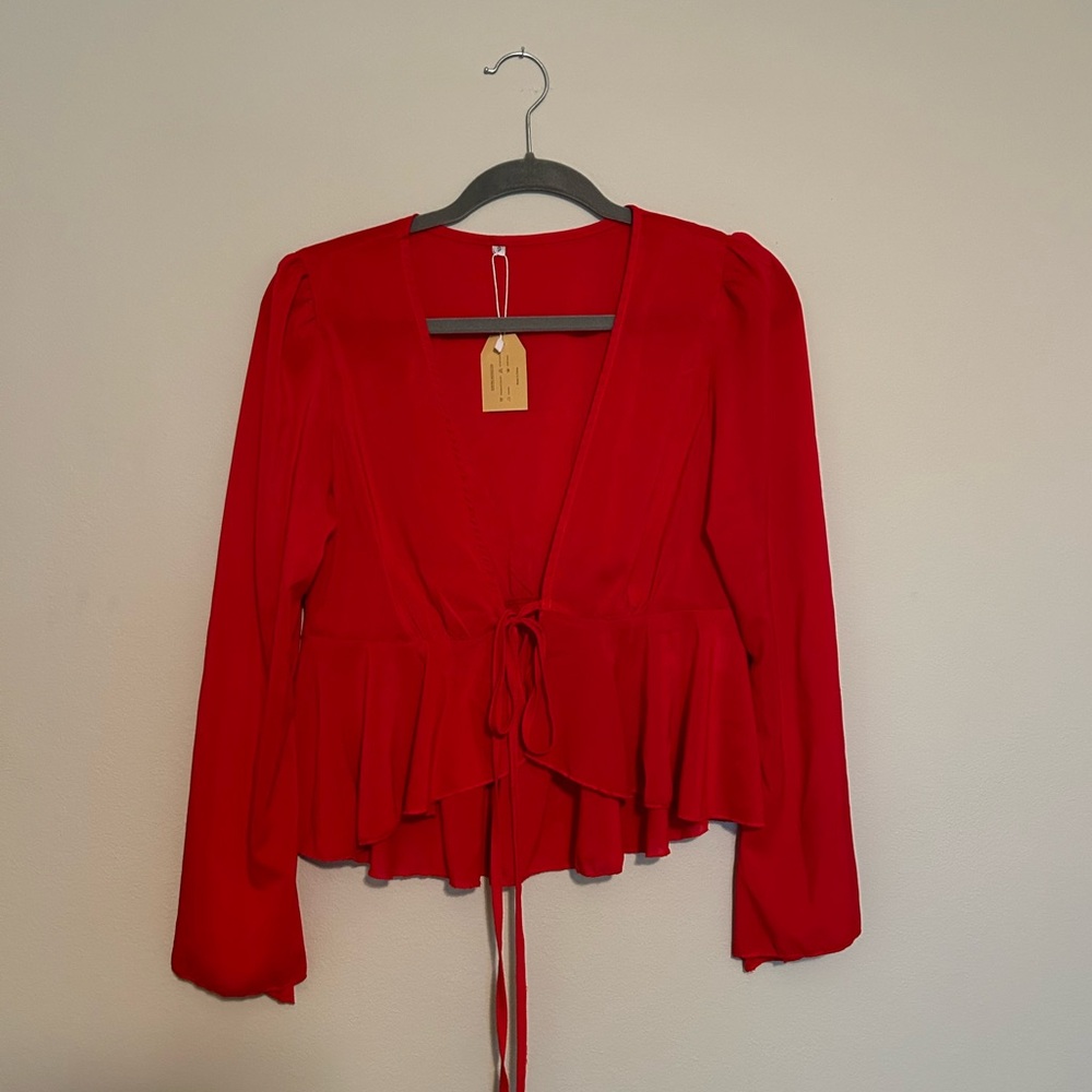 Sheer Red Blouse w/ Long Sleeves and Tie Front